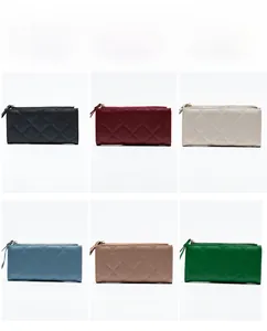 Detailed grid view of long quilted wallets in black, red, white, blue, khaki and green