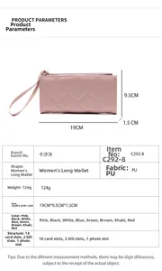 Detailed dimensions and internal slots of pink quilted long wallet with 18 card holders