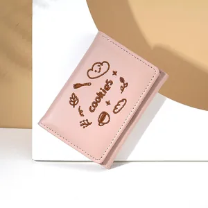Portefeuille rose en cuir PU avec broderie biscuit mignonne et coutures précises