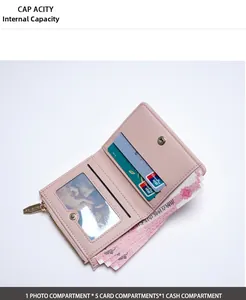 Internal view of pink bifold wallet showing card slots and transparent photo window