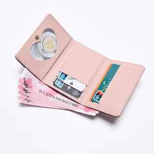 Portefeuille femme en cuir PU rose avec fente photo en forme de cœur et plusieurs compartiments
