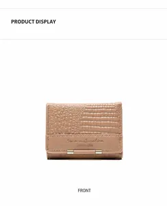 Front view of khaki PU leather mini wallet with crocodile texture and gold bar detail