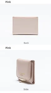 Pink minimalist women's wallet showing back and side views with pearl pendant detail