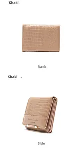 Detail of khaki crocodile texture tri-fold wallet with gold metal trim and pink lining
