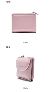 Vista dettagliata laterale e posteriore di un mini portafoglio rosa in pelle PU con logo