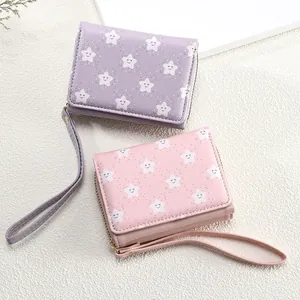 Women's Cute Smiley Star Pattern PU Leather Short Tri-Fold Wallet With Wristlet Strap Zipper Closure Fashion Card Holder Coin Purse