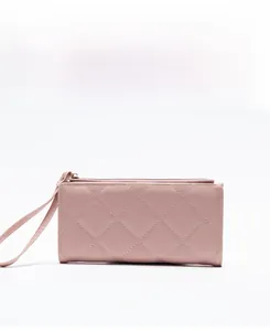 Front view of pink long wallet for women featuring classic quilted rhombic pattern and wrist strap