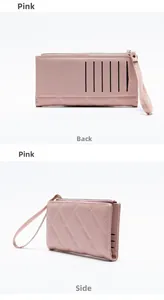 Detailed back and side view of pink quilted long wallet with card slots and wrist strap