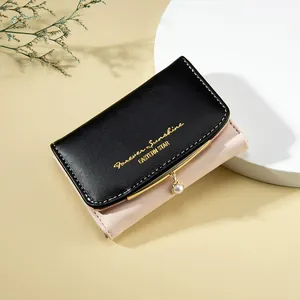 Women's Short Wallet PU Leather Color Block Tri-fold Card Holder With Artificial Pearl Pendant Fashion Elegant Coin Purse For Ladies