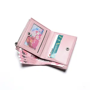 Portafoglio corto rosa in pelle PU con scomparti per carte e finestra foto