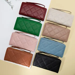 Women Quilted Diamond Long Wallet PU Leather Clutch Bag With Wristlet Multi Card Slots Zipper Purse Daily Fashion Handbag