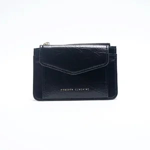 Mini porte-cartes noir en cuir huilé avec porte-clés et lettrage doré Sunshine