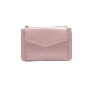 Mini porte-monnaie rose en similicuir plissé avec fermeture éclair et porte-clés
