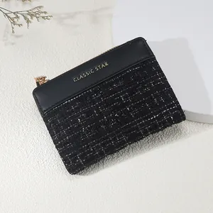 Women Short Wallet Tweed Fabric PU Leather Diamond Quilted Card Holder Zip Around Coin Purse Elegant Small Purse With Card Slots For Students Daily Use