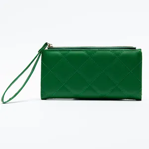 Forest green quilted leather long wallet with wrist strap and zipper for women