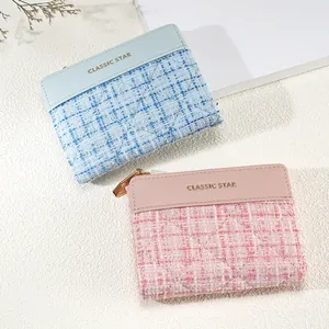 Short quilted tweed and leather wallet for women with golden Classic Star lettering