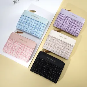 Classic tweed and faux leather women's coin purses in five colors with gold zippers