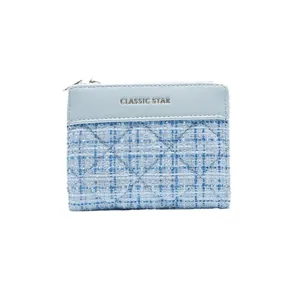 Short blue tweed and leather women's wallet with quilted pattern and zipper