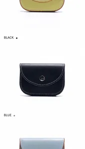 Dettaglio di portafogli in pelle con fibbie argentate e cuciture a contrasto in nero e blu