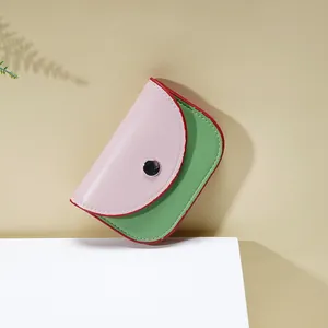 Portacarte minimalista in pelle PU rosa e verde con bottone a pressione in argento