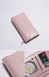 Dettaglio portafoglio rosa in pelle PU con fessure per carte e tasca portamonete zip