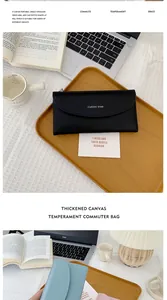Pochette a busta in tela spessa nera e blu mostrate in un ambiente moderno da ufficio