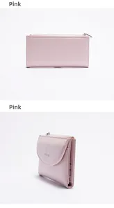 Dettaglio portafoglio lungo rosa in pelle PU con scomparti per carte e logo in metallo