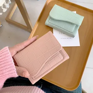 Piccolo portafoglio motivo coccodrillo rosa e verde mostrato in una scena a mano