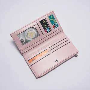 Portafoglio lungo da donna in pelle PU rosa con scomparti per carte e tasca con zip