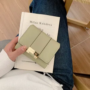 Portafoglio piccolo verde chiaro da donna con chiusura dorata su un libro bianco