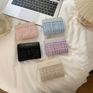 Portefeuilles courts en tweed pour femmes en cinq couleurs avec fermetures éclair dorées
