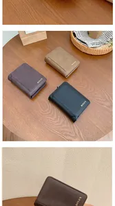 Close-up of premium PU leather short wallets in dark brown, khaki, and black colors
