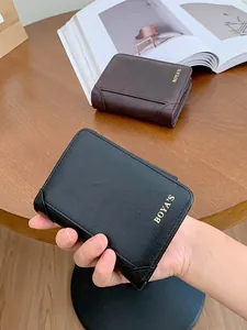 Short PU leather men's zip wallet in black and dark brown with logo detail