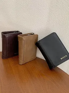 Three premium PU leather short men's wallets in black, khaki, and brown with zip pockets