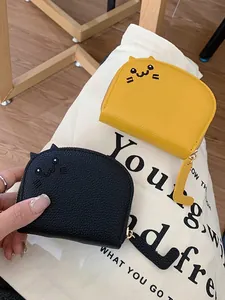 Damen Niedliche Katze Gesicht Bestickt Mini PU Leder Münzbörse Kleiner Geldbeutel Mit 11 Kartenfächer Litschimuster Reißverschluss Geldtasche Für Kinder