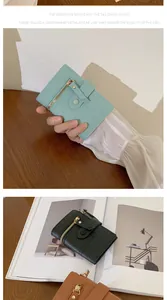 Detailed view of compact women's wallets in mint, black and caramel faux leather