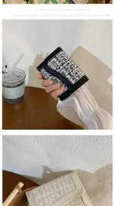 Primo piano dettagliato che mostra la trama in tweed e le cuciture accurate sul portafoglio