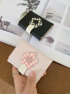 Short cute bifold wallets with checkered flower magnetic clasp in black and pink colors