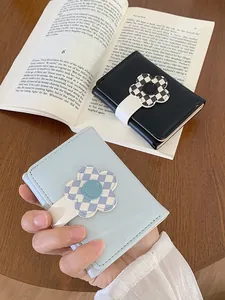 Cute cartoon compact women's wallets in black and light blue with floral checkerboard clasp