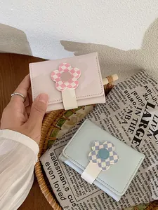 Cute Korean style short wallets in pink and blue with sunflower checkered clasp