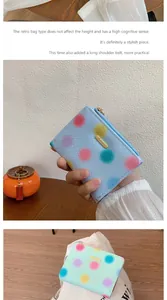 Dettaglio di portafogli a pois colorati con logo dorato e chiusura a zip robusta