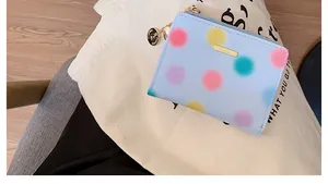 Dettaglio del portafoglio in pelle azzurra con pois colorati e ciondolo in metallo
