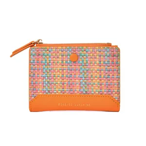 Piccolo portafoglio donna in tessuto intrecciato colorato con inserti in pelle arancione