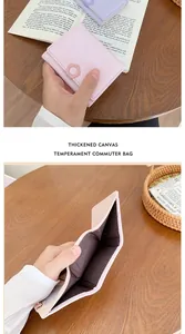 Detail of pink canvas mini wallet featuring flower decor and interior card slots