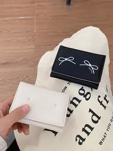 Women Cute Bowknot Artificial Pearl Short Wallet PU Leather Tri-fold Coin Purse Card Holder With Heart Photo Window Ladies Gift