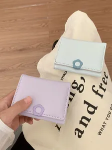 Women's Mini Short Wallet PU Leather 3-Fold Flower Clasp Card Holder Coin Purse Korean Style Slim Small Money Clip Wallet