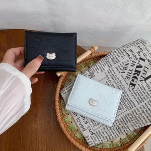 Short minimalist tri-fold PU leather women's wallet with cute cartoon cat and bear clasp