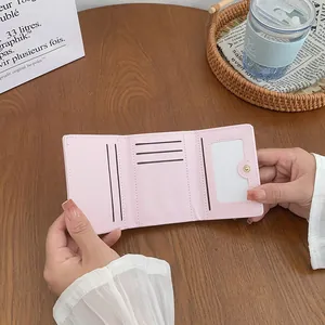 Pink minimalist trifold PU leather wallet for women with multiple card slots