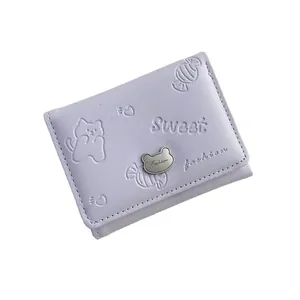 Short lavender PU leather trifold wallet with cute cat embossing and silver bear clasp