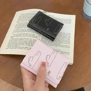 Portefeuilles courts élégants pour femmes noir et rose avec motifs lapin et nœud